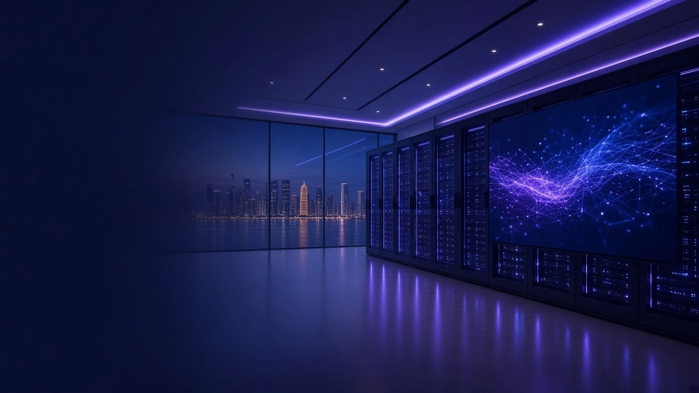 Data center with server racks and an AI network visualization in Doha
